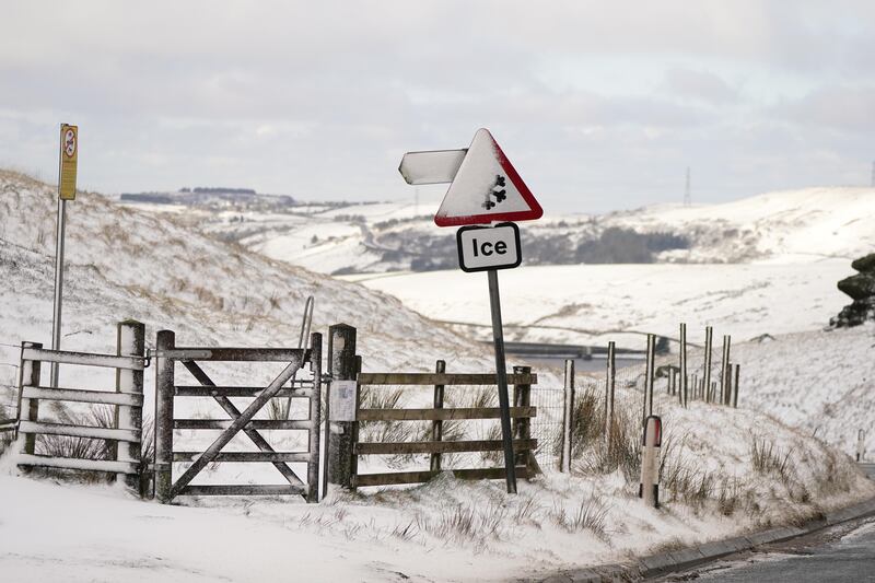 Snowy fields in Saddleworth near Oldham, Greater Manchester. A Met Office yellow weather warning for ice covering a large swathe of eastern Scotland, north-east England and Yorkshire until 10am on Thursday states that “snow and hail showers could lead to icy surfaces, with possible travel disruption”. PA