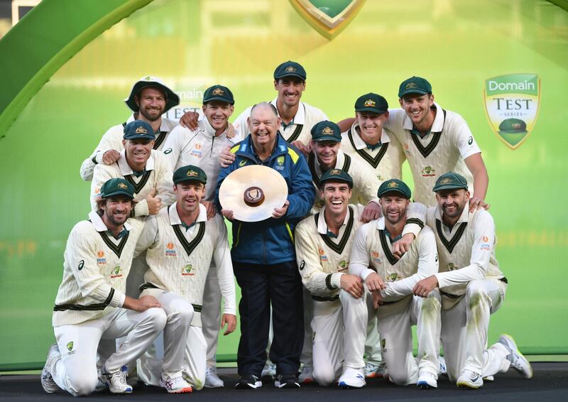 The Australian team poses with the series trophy after winning the second Test against Pakistan at Adelaide Oval. Australia won by innings and 48 runs to take the series 2-0. EPA