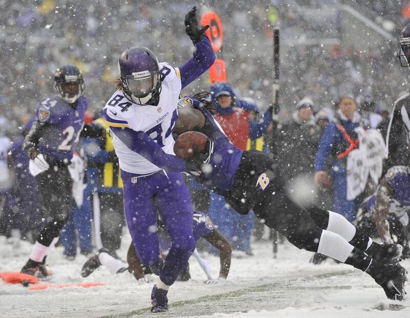 Minnesota wide receiver Cordarrelle Patterson with a catch on Sunday. Baltimore would go on the win the game 29-26. Gail Burton / AP