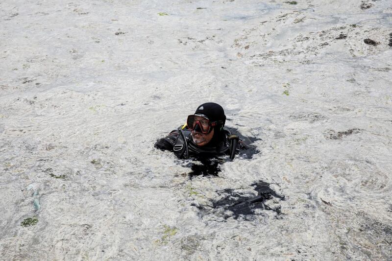 Diver and filmmaker Tahsin Ceylan swims to inspect the sea covered with a plague of sea snot, a thick slimy layer of the organic matter, also known as marine mucilage, spread through the Sea of Marmara and which poses a threat to marine life and the fishing industry, on the shores of Istanbul, Turkey June 8, 2021. REUTERS/Umit Bektas