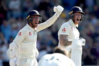 England's Jack Leach and Ben Stokes (right) celebrate victory during day four of the third Ashes Test match at Headingley, Leeds. PRESS ASSOCIATION Photo. Picture date: Sunday August 25, 2019. See PA story CRICKET England. Photo credit should read: Tim Goode/PA Wire. RESTRICTIONS: Editorial use only. No commercial use without prior written consent of the ECB. Still image use only. No moving images to emulate broadcast. No removing or obscuring of sponsor logos.