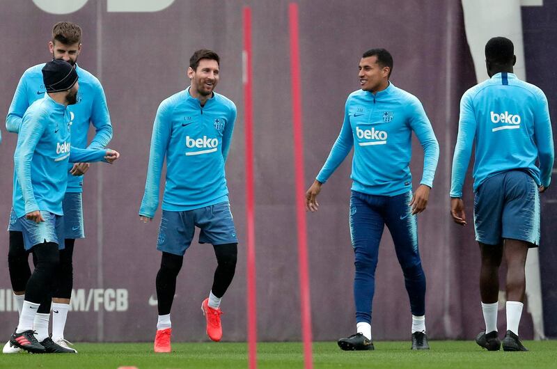Lionel Messi, third left, takes centre stage in Barcelona's training session on Friday ahead of their Copa del Rey final with Valencia on Saturday. AP Photo