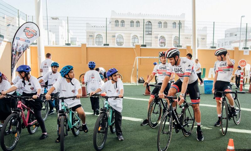 UAE Team Emirates cyclists deliver coaching clinics to pupils at Al Rebeeh School in Abu Dhabi in 2019. Photos: UAE Team Emirates