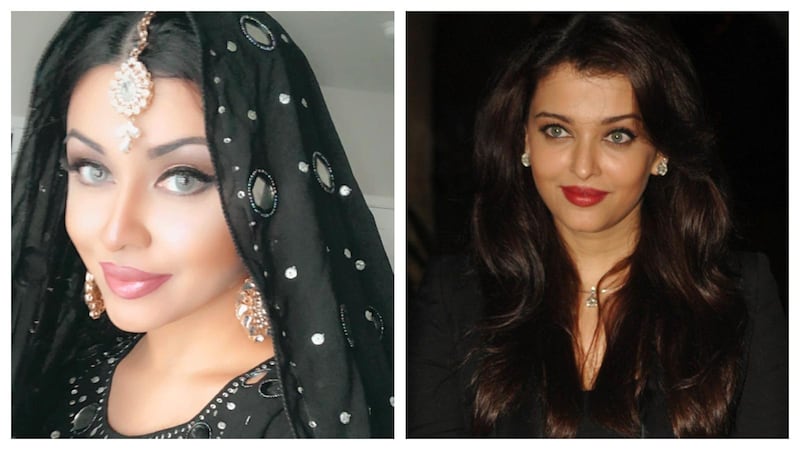 Aamna Imran, left, is trending online for her uncanny resemblance to Bollywood star Aishwarya Rai, right. Aamna Imran, AFP