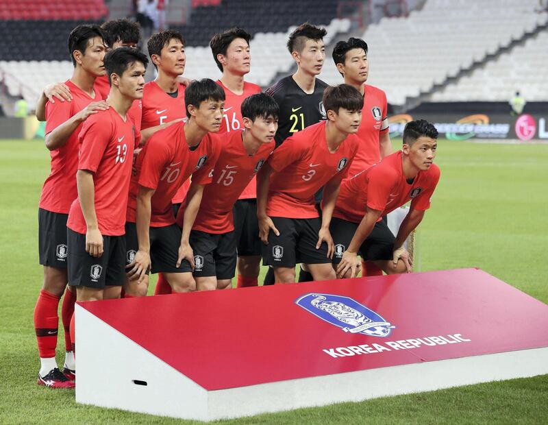 Abu Dhabi, United Arab Emirates - November 19, 2019: The South Korea team line up before the game between Brazil and South Korea. Tuesday, November 19th, 2017 at Mohammed Bin Zayed Stadium, Abu Dhabi. Chris Whiteoak / The National