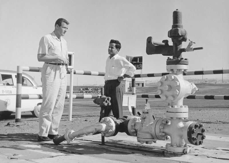 Oil Well Number 1, the first oil well on the Arabian side of the Persian Gulf, near Jebel Dukhan in Bahrain, circa 1955. The well, which first has been preserved as a monument, first produced oil in 1932. (Photo by Three Lions/Hulton Archive/Getty Images)