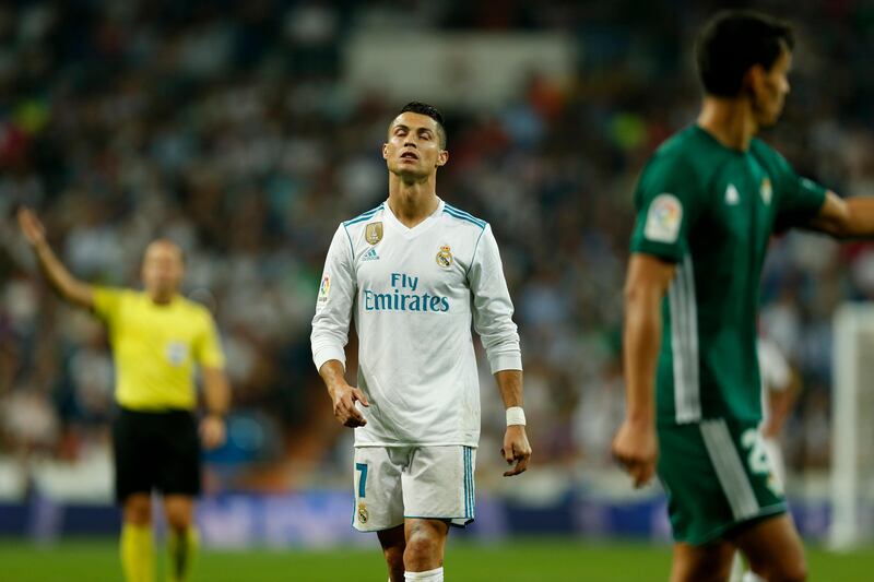 Real Madrid's Cristiano Ronaldo closes his eyes during Spanish the La Liga soccer match between Real Madrid and Real Betis at the Santiago Bernabeu stadium in Madrid, Wednesday, Sept. 20, 2017. Betis won 1-0. (AP Photo/Francisco Seco)