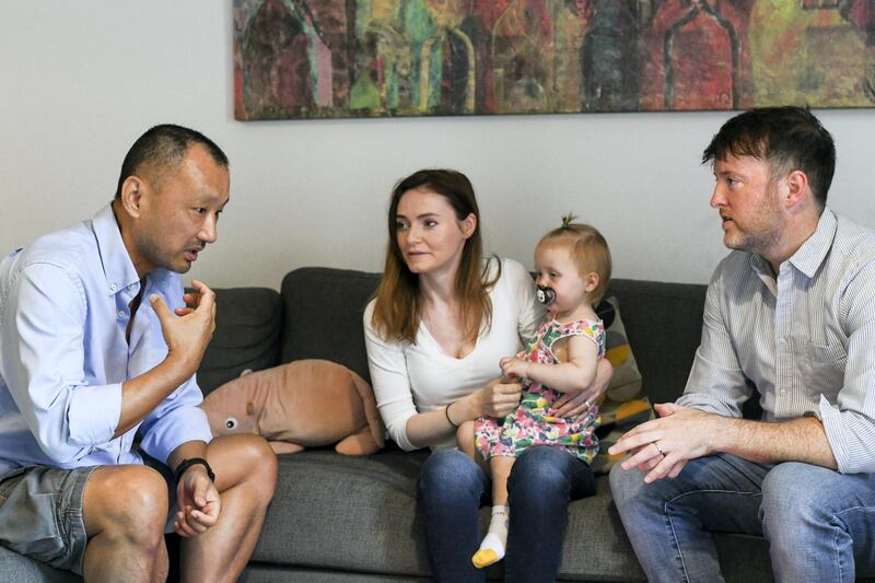 Barry Casey-AD  From right, Thomas Geiles, relives his experience of saving AbigailÕs  life to her parents, Brigid and Barry Casey at Al Reef Complex on June 17, 2021. Khushnum Bhandari/ The National
Reporter: Georgia Tolley News