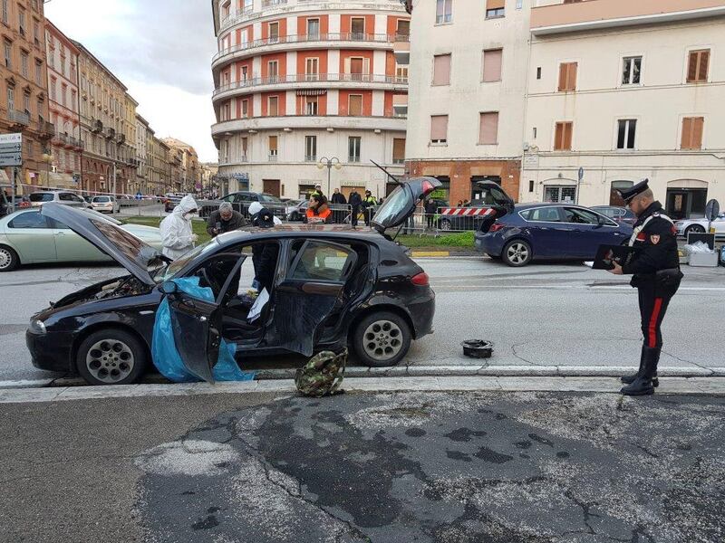 The car of the suspected shooter that opened fire on African migrants, identified as Luca Traini, 28, is seen in Macerata, Italy February 3, 2018. Italian Carabinieri/Handout via REUTERS ATTENTION EDITORS - THIS PICTURE WAS PROVIDED BY A THIRD PARTY