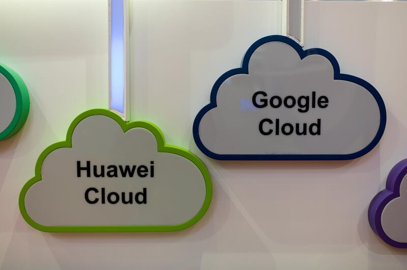 epa07590797 A exhibitor displays the Google Cloud and Huawei Cloud logos during the Cloud Expo Asia 2019 in Hong Kong, China, 22 May 2019. The expo runs through 23 May.  EPA/JEROME FAVRE