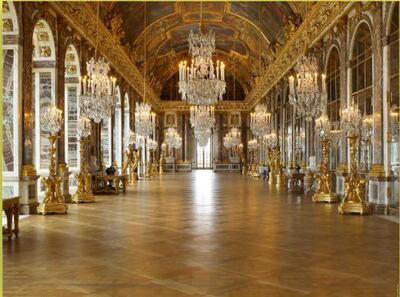 A high-resolution image of the Hall of Mirrors shows most famous room in the Palace of Versailles designed by architect Jules Hardouin-Mansart. Micro-Folie