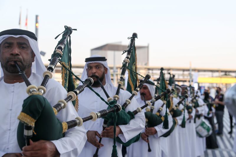 The Abu Dhabi Police band take part in the White Cane Walk at the Sustainability Gate down to Al Wasl Plaza with Sheikh Nahyan bin Mubarak, Minister of Tolerance and Coexistence. All pictures by Khushnum Bhandari/ The National