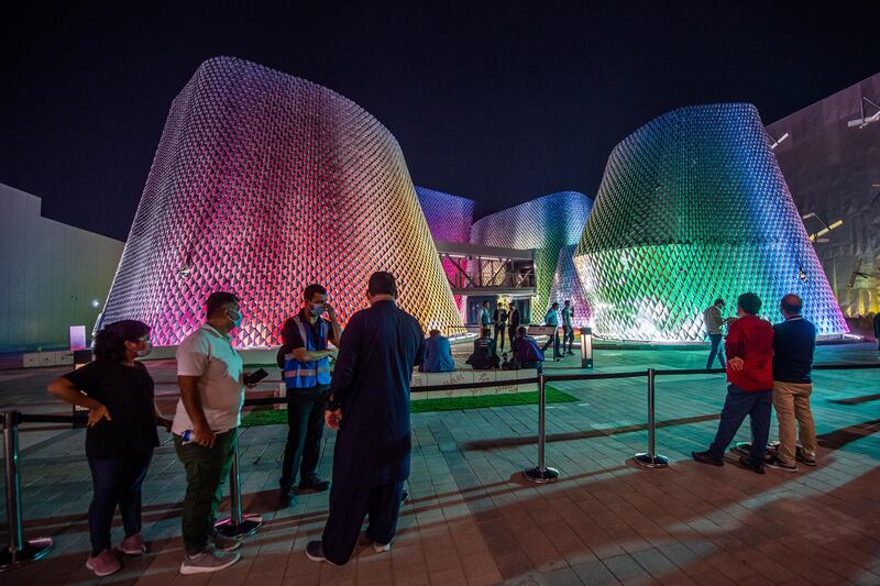 The Pakistan pavilion is instantly recognisable with its colourful facade. Photo: Stuart Wilson / Expo 2020 Dubai