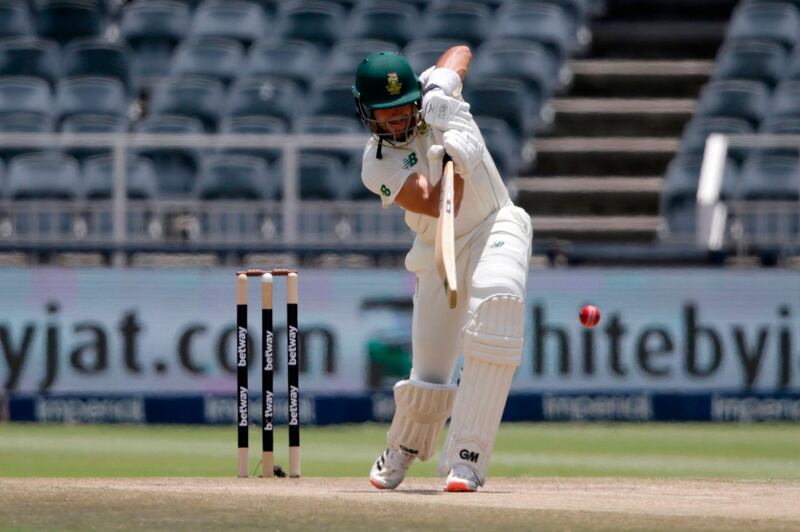 South Africa's Aiden Markram plays a shot during the third day of the second Test cricket match between South Africa and Sri Lanka at the Wanderers stadium in Johannesburg on January 5, 2021. / AFP / PHILL MAGAKOE
