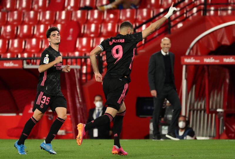 Real Madrid's striker Karim Benzema celebrates scoring on Thursday. EPA