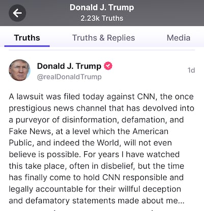 Former US president Donald Trump filed a $475 million lawsuit against CNN. Photo: Truth Social / Screengrab
