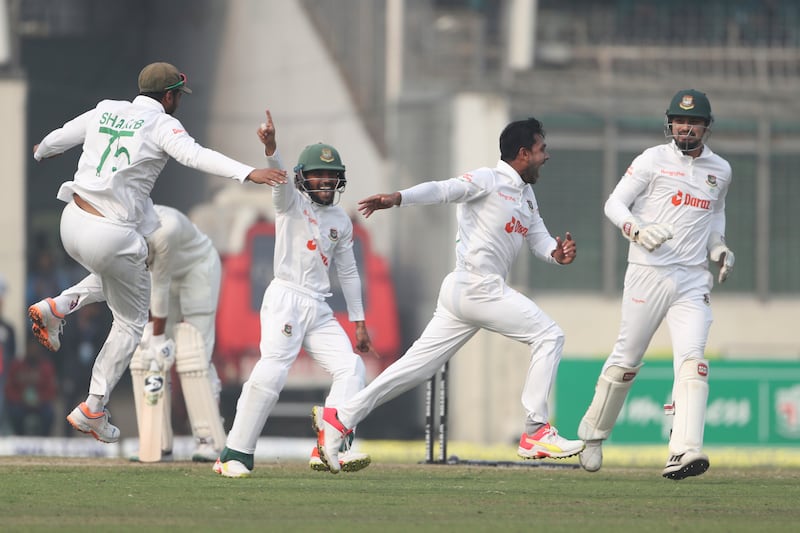 Bangladesh's Mehidy Hasan Miraz celebrates wicket of India's Axar Patel. AP