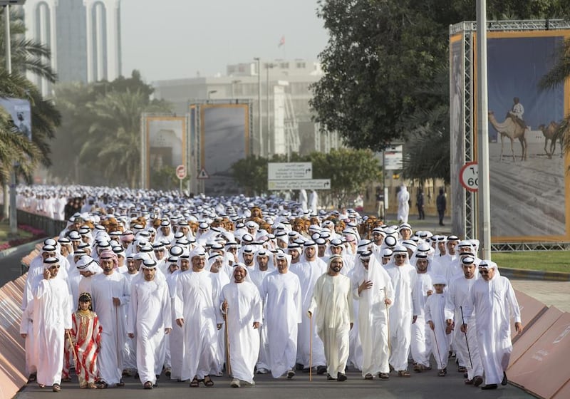 Sheikh Mohammed bin Rashid, Vice President and Ruler of Dubai, and Sheikh Mohammed bin Zayed, Crown Prince of Abu Dhabi and Deputy Supreme Commander of the Armed Forces, are joined by other sheikhs and dignitaries on the march from Al Manhal Palace to Qasr Al Hosn. Ryan Carter / Crown Prince Court – Abu Dhabi