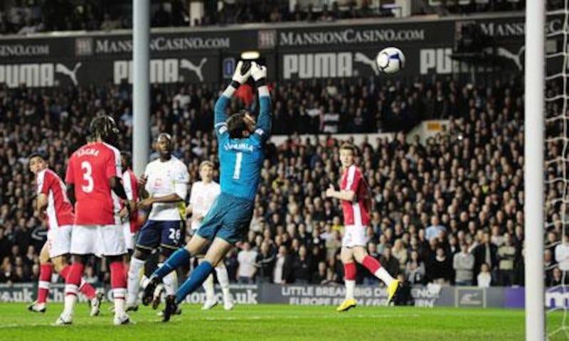 Tottenham's Danny Rose, unseen, scores a spectacular left-foot volley to help Spurs to a 2-1 win over Arsenal in April.