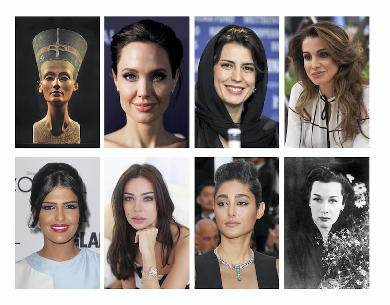 Beauty Icons: A bust of Nefertiti, the 1300 BC Egyptian Queen, Angelina Jolie, the American actress, Leila Hatami, the Iranian actress and film director and Queen Rania of Jordan. Bottom row: Ameera Al Taweel, the Saudi princess, Nadine Njeim, the Lebanese actress, Golshifteh Farahani, the Iranian actress and Princess Fawzia of Egypt. All are said to have influenced perceptions of beauty in the Mena region.
