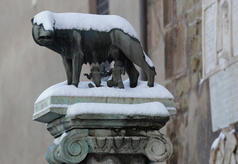 Snow covers the statue of the She-Wolf Nursing Romulus and Remus, the founders of Rome, on Rome Campidoglio (Capitol Hill) palace. Alessandra Tarantino / AP Photo