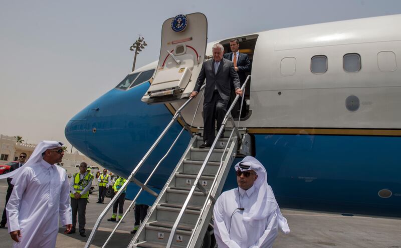 U.S. Secretary of State, Rex Tillerson, arrives to Doha, Qatar,  on Thursday, July 13, 2017. The top U.S. diplomat wrapped up his first foray in shuttle diplomacy on Thursday with little sign of progress in breaking a deadlock between Qatar and four Arab neighbors that are isolating it. ( Trevor T. McBride/U.S. State Department via AP)