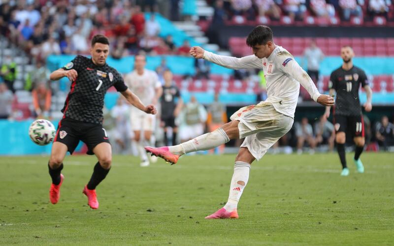 Alvaro Morata blasts home Spain's fourth.