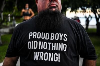 (FILES) In this file photo taken on October 15, 2020 A supporter of US President Donald Trump wears a "Proud Boys" shirt prior to his arrival for NBC News town hall event at the Perez Art Museum in Miami. Sean Eldridge says he's "preparing for the worst" in case President Donald Trump tries to undermine the results of next month's vote or refuses to accept a victory for the Democrats. / AFP / CHANDAN KHANNA
