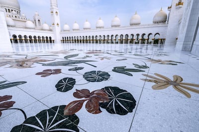 Abu Dhabi, United Arab Emirates, August 9, 2020. 
 Sheikh Zayed Grand Mosque has completed its scheduled maintenance. It's done oncein 10 years. The famous mosaic floors of the mosque.
Victor Besa /The National
Section: NA
Reporter:  Haneen Dajani