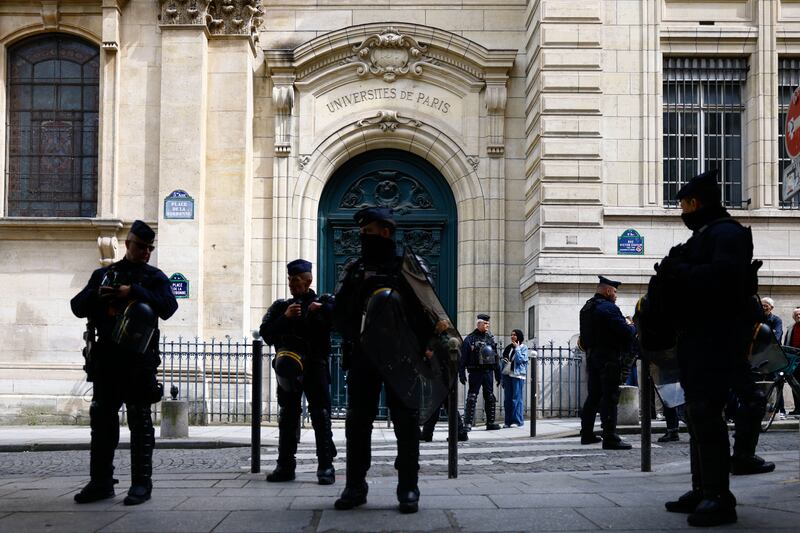 French police stand guard at the Sorbonne. EPA