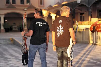 DUBAI , UNITED ARAB EMIRATES , February 14 – 2019 :- Left to Right – Rajesh Pereira and Neil Thompson from Rock and Soul band at the St Francis of Assisi Catholic Church in Jebel Ali in Dubai.  ( Pawan Singh / The National ) For News. Story by Patrick