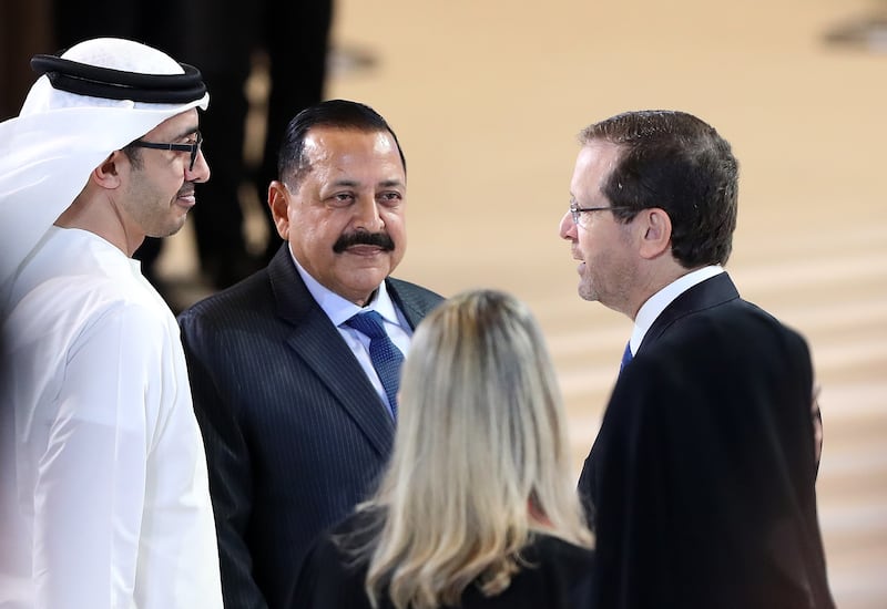 Israeli President Isaac Herzog, right, with Sheikh Abdullah  and Dr Singh
