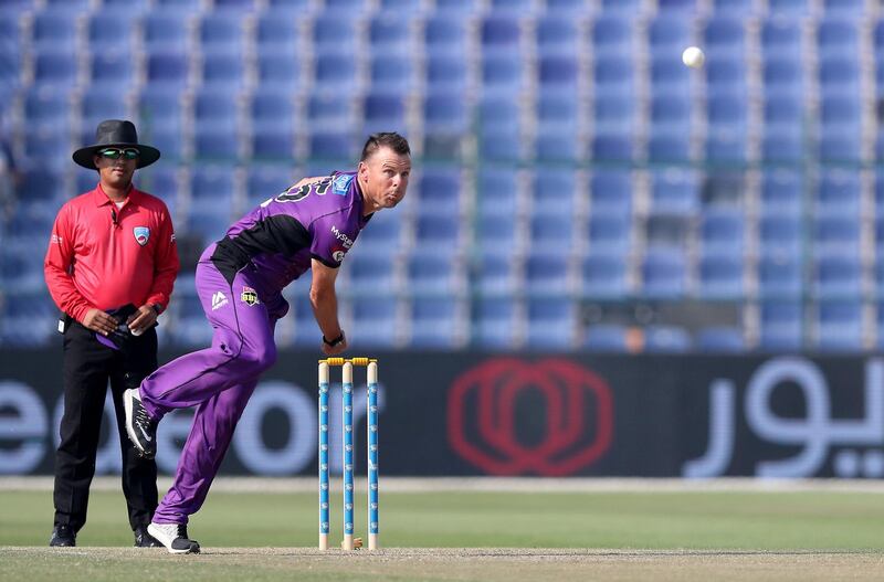 ABU DHABI , UNITED ARAB EMIRATES, October 05, 2018 :- Johan Botha of Hobart Hurricanes bowling during the Abu Dhabi T20 cricket match between Lahore Qalanders vs Hobart Hurricanes held at Zayed Cricket Stadium in Abu Dhabi. ( Pawan Singh / The National )  For Sports. Story by Amith