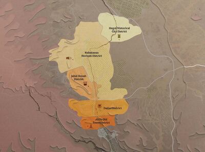 The 'Journey Through Time' plan encompasses Al Ula Old Town, Dadan, Jabal Ikmah, Nabataean Horizon district and Hegra Historical City. Courtesy RCU