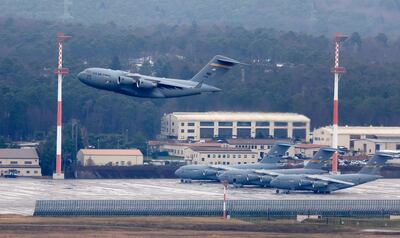 A US military aircraft takes off from Ramstein Air Base in Germany. The two countries are to hold talks on Monday. EPA 