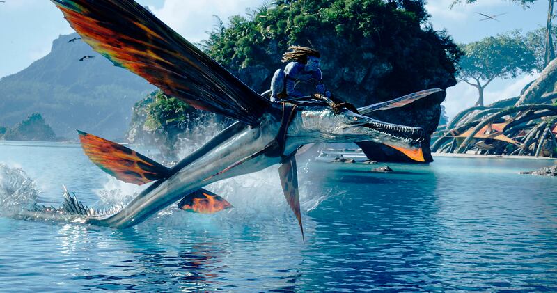 This image released by 20th Century Studios shows Jake Sully, portrayed by Sam Worthington, in "Avatar: The Way of Water. " (20th Century Studios via AP)