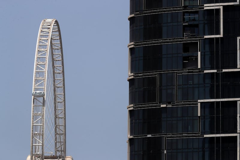 DUBAI, UNITED ARAB EMIRATES , August 24 – 2020 :- First passenger capsule installed on the Ain Dubai observation wheel at Bluewaters Island in Dubai.  (Pawan Singh / The National) For News/Online/Instagram/Big Picture