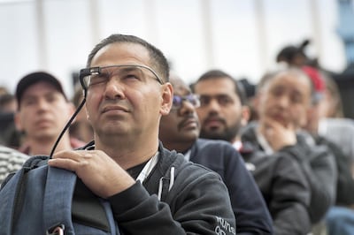 An attendee wears a Google Glass device during the Google I/O Developers Conference in Mountain View, California, U.S., on Tuesday, May 7, 2019. Each year, Google pitches new ways its trove of user data can improve apps, websites and other services on smartphones. This year, the internet giant will try to convince the world it's a responsible steward of all that information. Photographer: David Paul Morris/Bloomberg