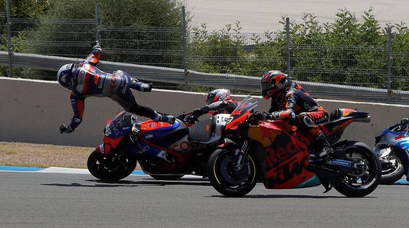 Red Bull KTM Tech 3's Miguel Oliveira falls from his bike during the MotoGP Andalucia Grand Prix in Spain on Sunday, July 26. Reuters