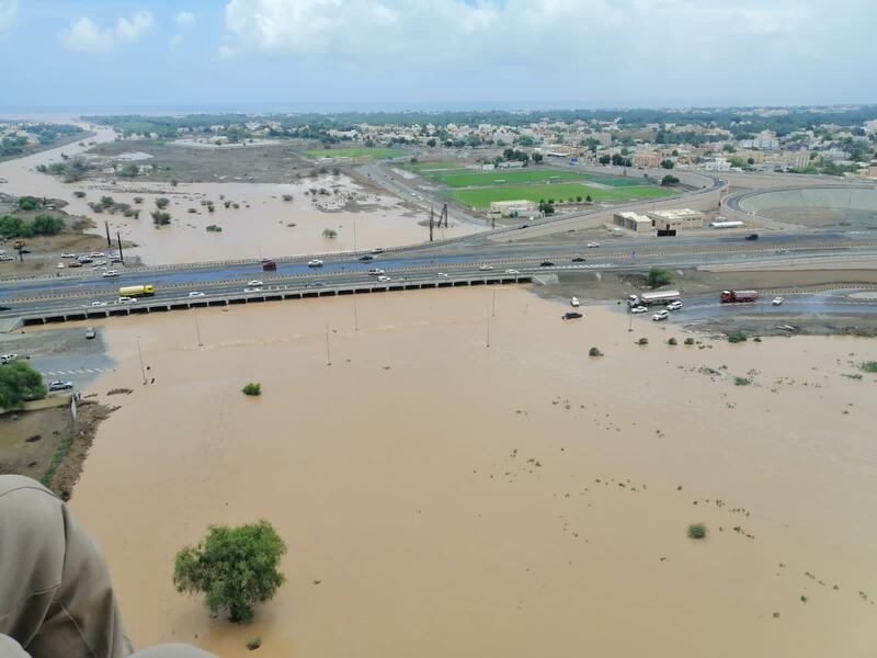 Civil defence teams rescued people from their cars, which became stuck in flooded wadis.