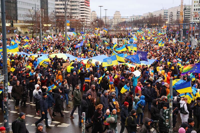 A protest to mark the one-year anniversary of the Russian invasion of Ukraine, in Berlin. Reuters
