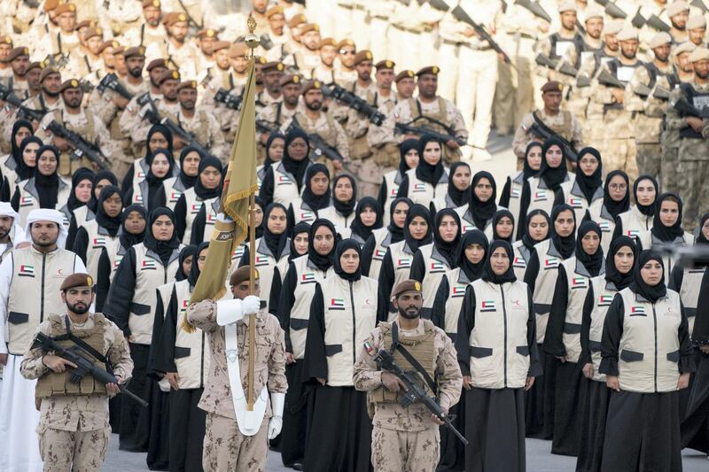 SWEIHAN, ABU DHABI, UNITED ARAB EMIRATES - February 09, 2020: Members of the UAE Red Crescent participate in a reception to celebrate and honor members of the UAE Armed Forces who served in the Arab coalition in Yemen, at Zayed Military City.

( Mohamed Al Hammadi / Ministry of Presidential Affairs )
---