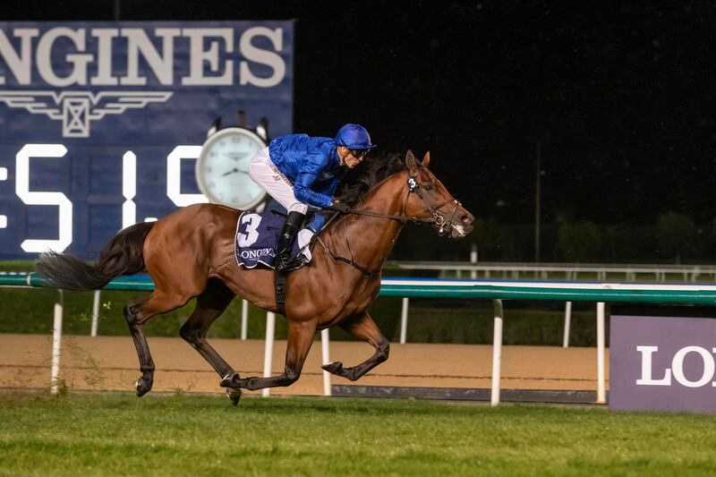 DUBAI, UNITED ARAB EMIRATES. 09 JANUARY 2020. Horse Racing. 8th Race Meeting at Meydan Racecourse. Race 4: Thoroughbreds, Singspiel Stakes, winner Nr 3, Benbatl (GB) 6 years old ridden by Christophe Soumillon and trained by Saeed Bin Suroor. (Photo: Antonie Robertson/The National) Journalist: Amith Passela. Section: Sport.

