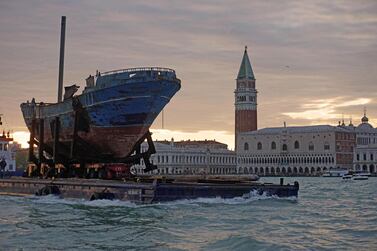 The ‘Barca Nostra’ fishing boat, which sank in the Mediterranean Sea in 2015, at the Venetian port of Marghera on Monday. EPA