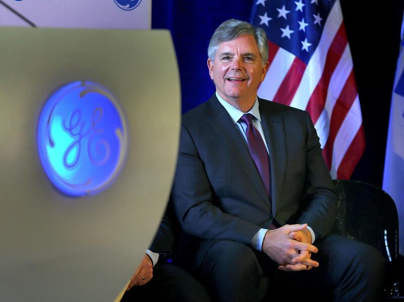 BOSTON - NOVEMBER 5: GE CEO Larry Culp is pictured as General Electric unveils the world's largest offshore wind turbine blade at a wind testing facility in the Charlestown neighborhood of Boston on Nov. 5, 2019. GE CEO Larry Culp was on hand to show off the 117-yard-long, 50-ton blade made of glass fibers held together with 1 mile of glued seams. It will undergo months-long testing at the facility. (Photo by John Tlumacki/The Boston Globe via Getty Images)