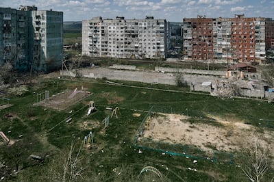 Damaged buildings in Bakhmut, the site of the heaviest battles in the Donetsk region, Ukraine, on April 26. AP