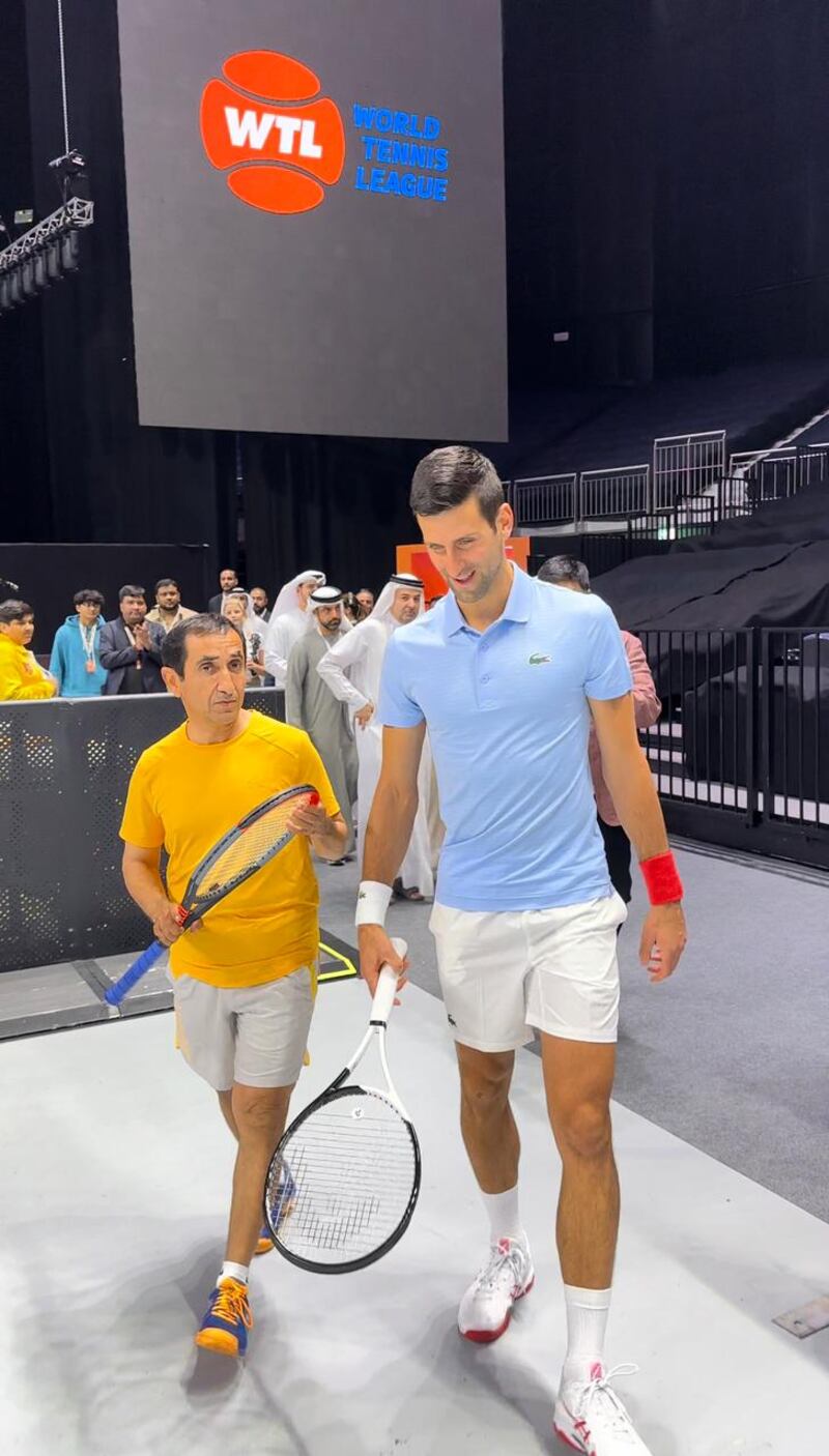 Sheikh Saeed and Novak Djokovic before their match at the inaugural World Tennis League in Dubai. Photo: Dubai Sports Council
