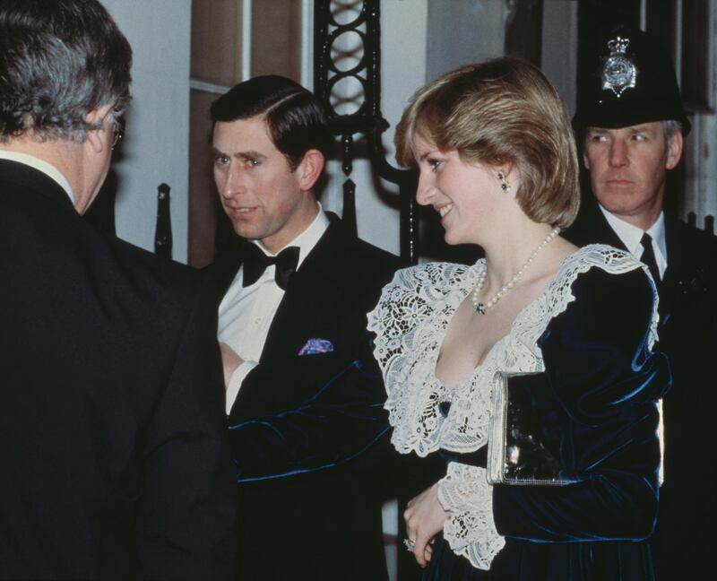 Prince Charles and the Princess of Wales (1961 - 1997, later Diana, Princess of Wales) arrive for a British Film Institute dinner at 11 Downing Street, the official residence of the Chancellor of the Exchequer, 2nd February 1982. Diana wears a lace and velvet gown by Bellville Sassoon. (Photo by Central Press/Hulton Archive/Getty Images)