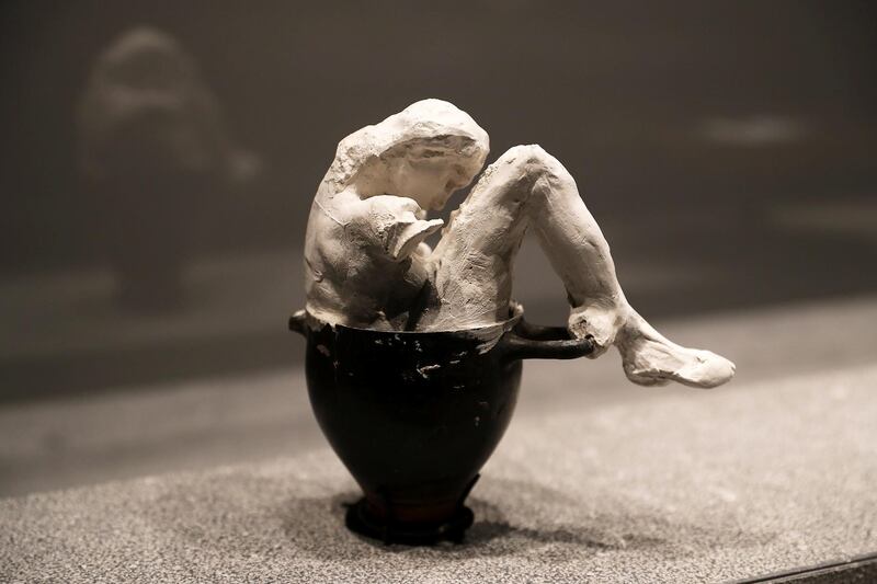 ABU DHABI , UNITED ARAB EMIRATES, September 16 – 2018 :- Assemblage: Female Nude Sitting in a Pot , Auguste Rodin , France , Meudon , About 1900 on display at the Louvre museum in Abu Dhabi. ( Pawan Singh / The National )  For Arts and Culture. Story by Rupert Hawksley 
