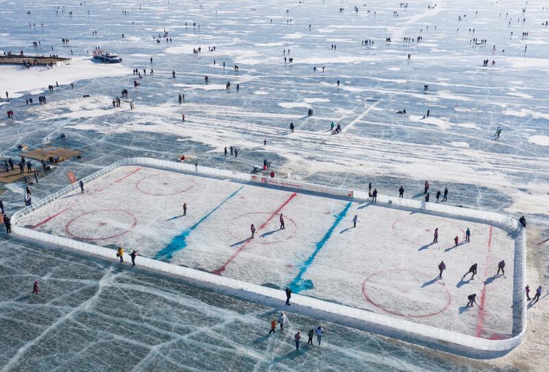 An aerial view of an ice hockey rink created on Lake Baikal, near the village of Bolshoye Goloustnoye, in Irkutsk region, Russia. The event was organised to draw attention to the lake's environmental problems. Reuters
